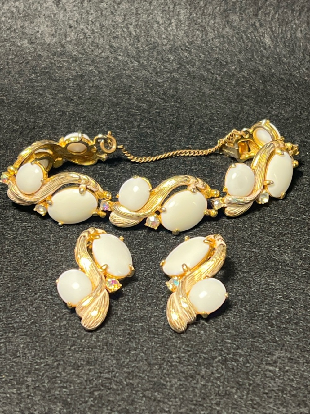Schiaparelli Gold-Tone White Cabochon Bracelet and Earring Set